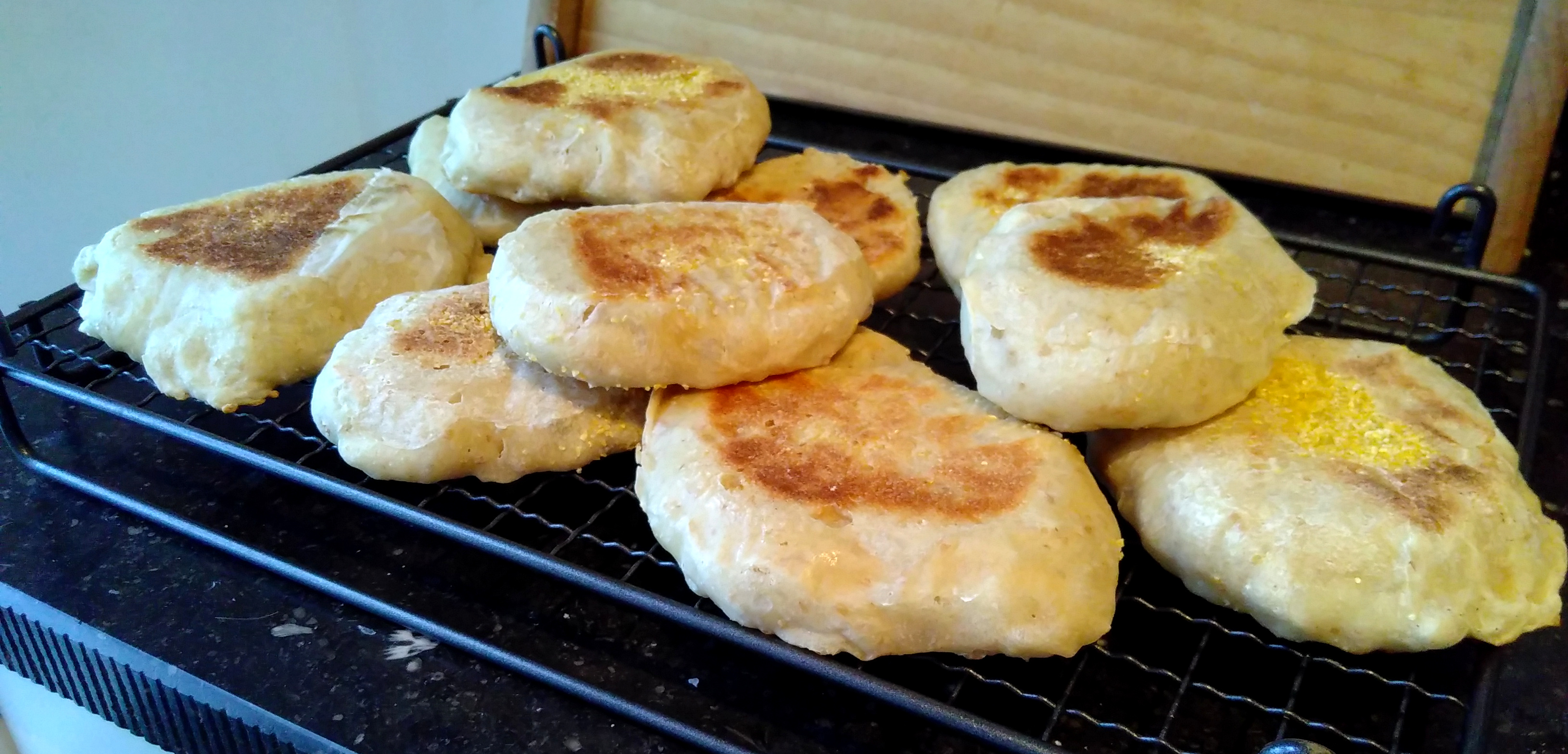 My English muffins, cooling on a wire rack